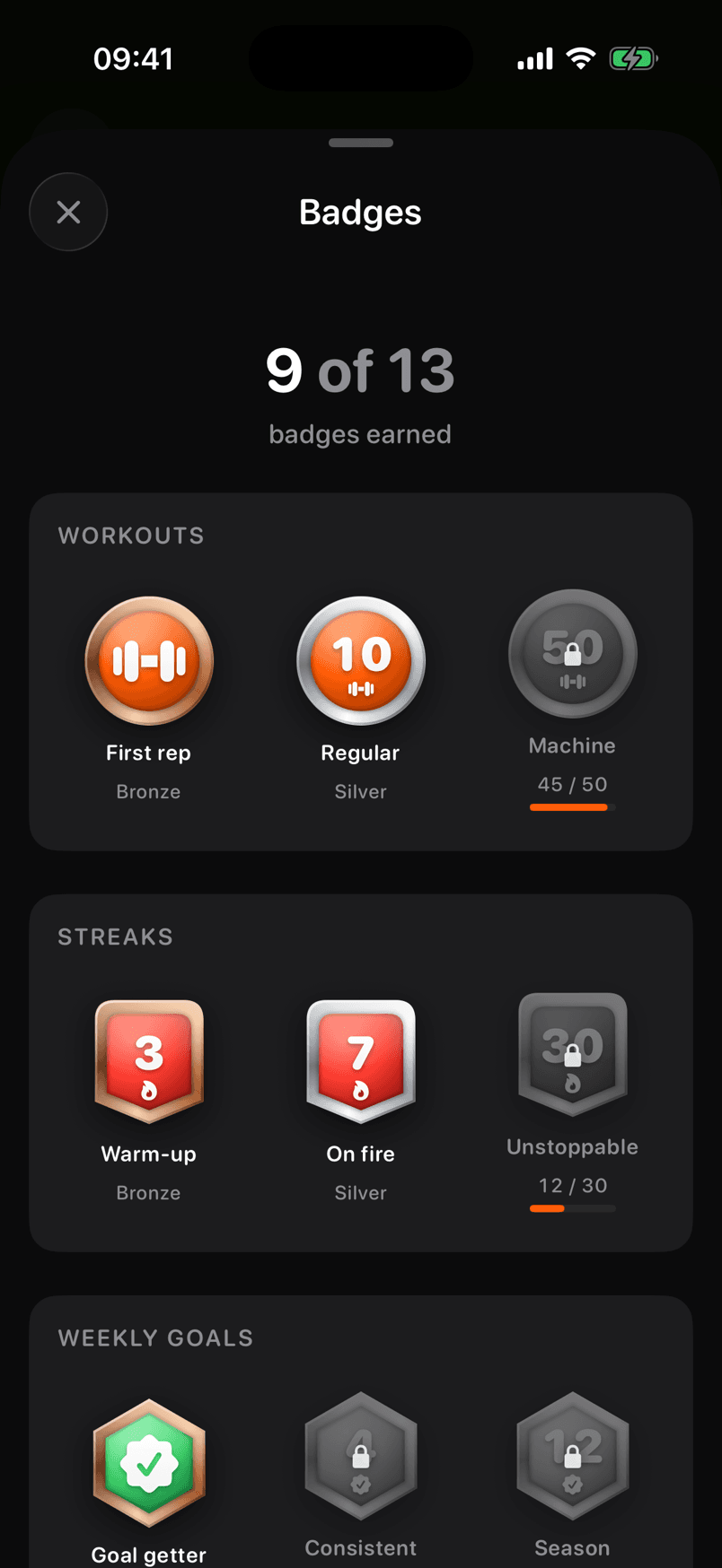 Badges: nine of thirteen earned