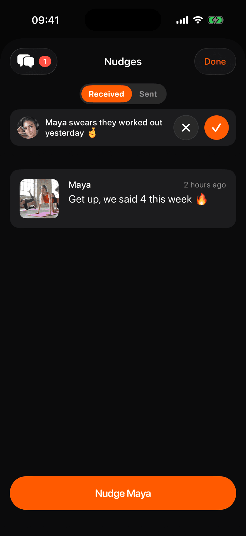 The nudges inbox with a promise to settle and a nudge from Maya