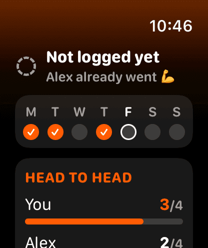 Apple Watch: not logged yet, Alex already went, the week and the head-to-head